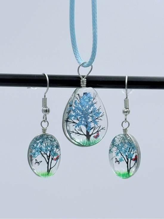Handmade Jewelry - Blue Tree Resin Pendant and Earring Set - NEW